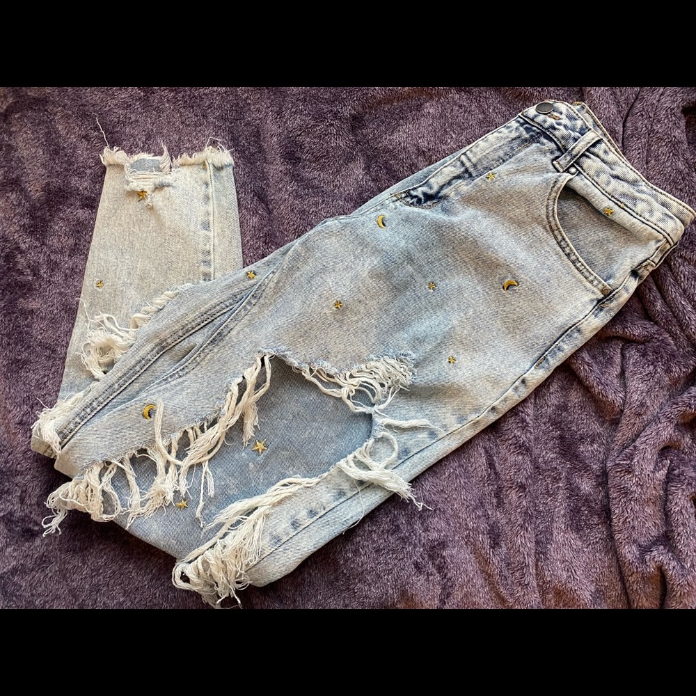Stars & Moon Embroidered Ripped Jeans